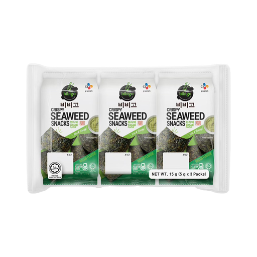 CJ BIBIGO CRISPY SEAWEED SNACKS WASABI (5g*3)*12 – product packaging